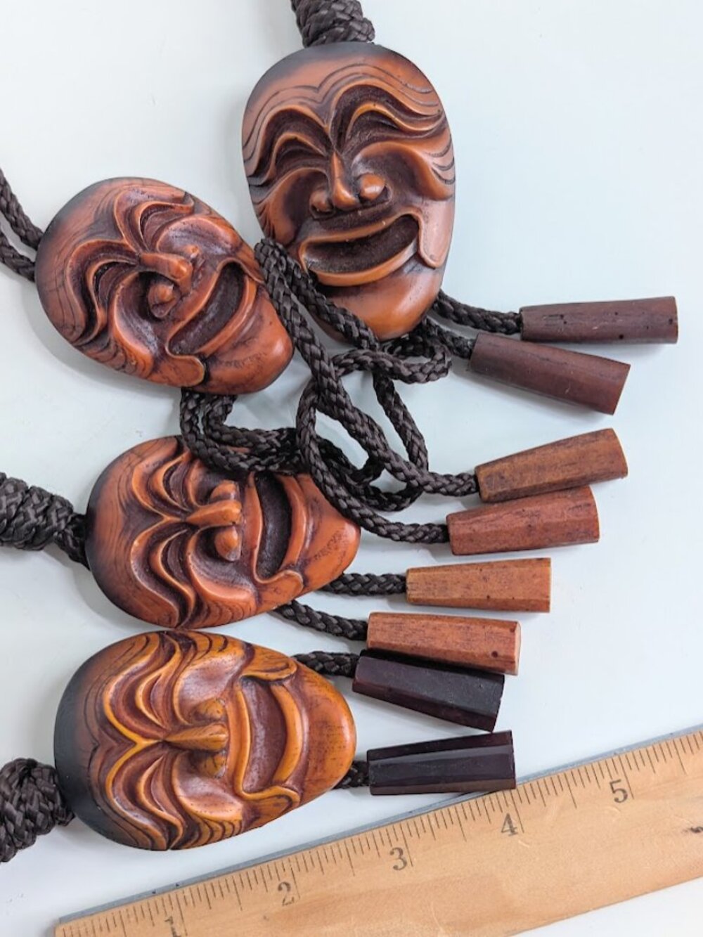 One* Vintage Korean Hahoe Mask Bolo Tie: Carved Faux Wood Yangban Aristocrat